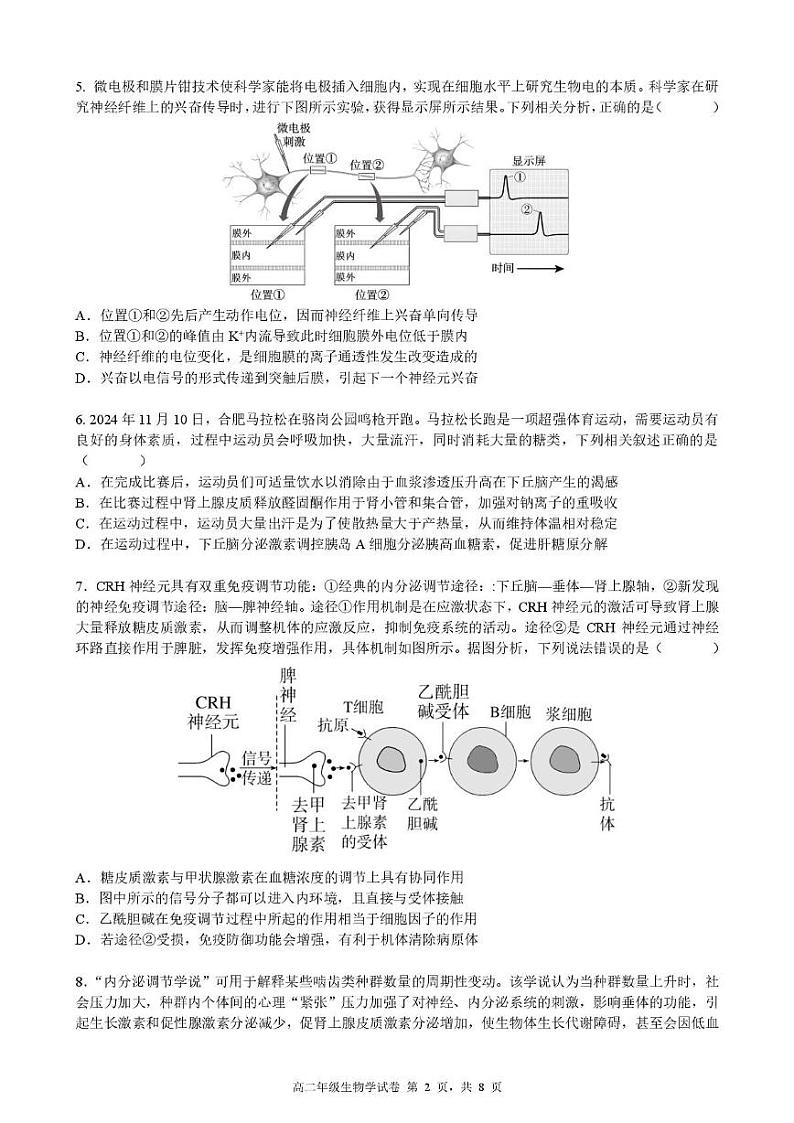 2024-2025学年第一学期期末考试高二年级生物学试卷第2页