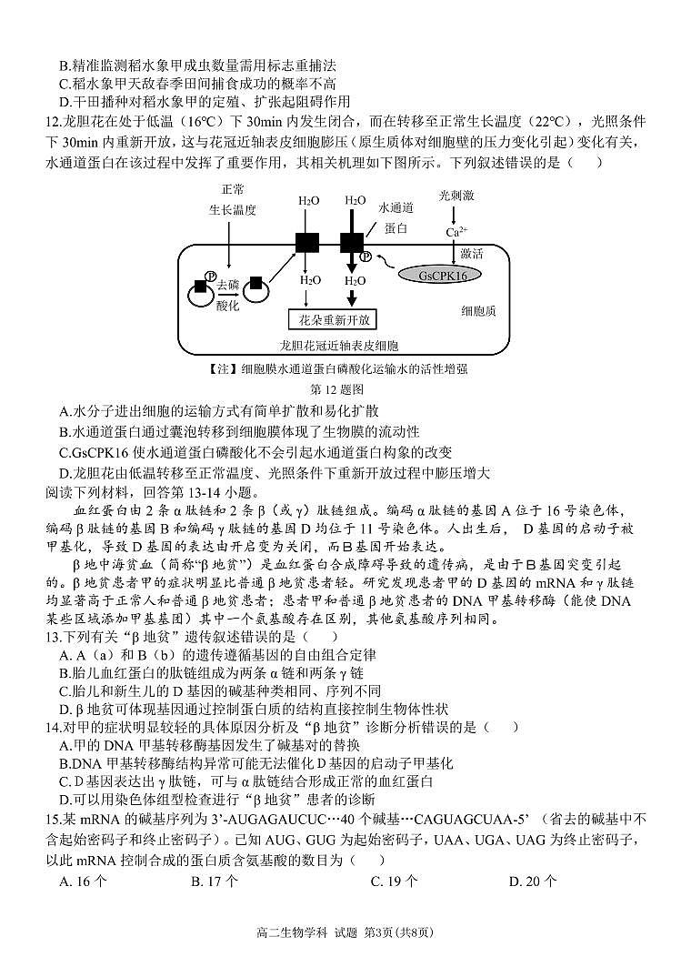 生物试卷-浙南名校联盟2024-2025高二寒假返校考【含答案】第3页