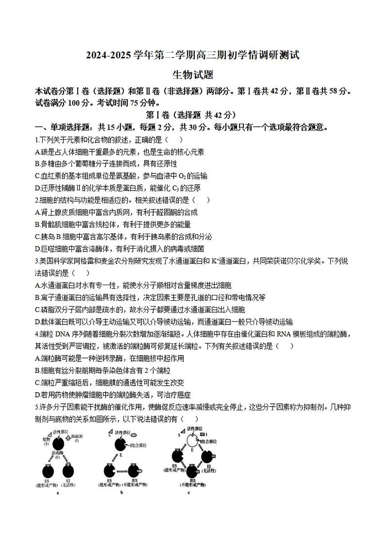 生物-江苏省扬州市高邮市2024-2025学年高三下学期开学考第1页