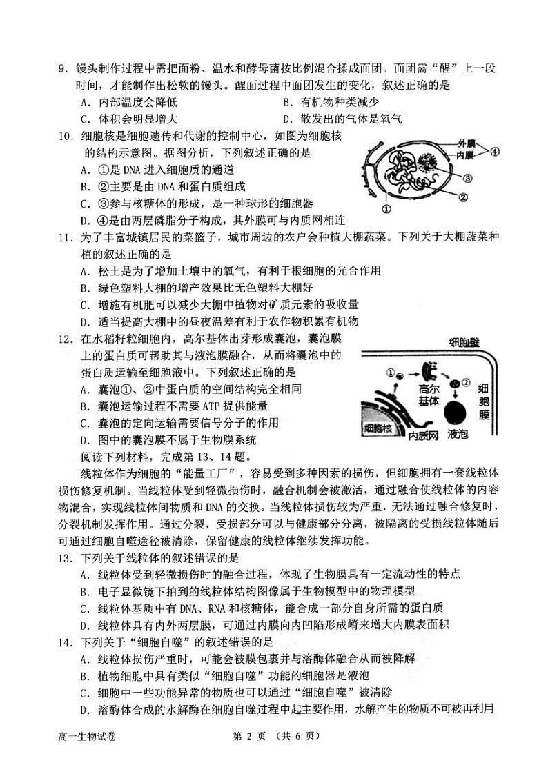 浙江省衢州市2024-2025学年高一上学期1月教学质量检测生物试题（PDF版附答案）第2页