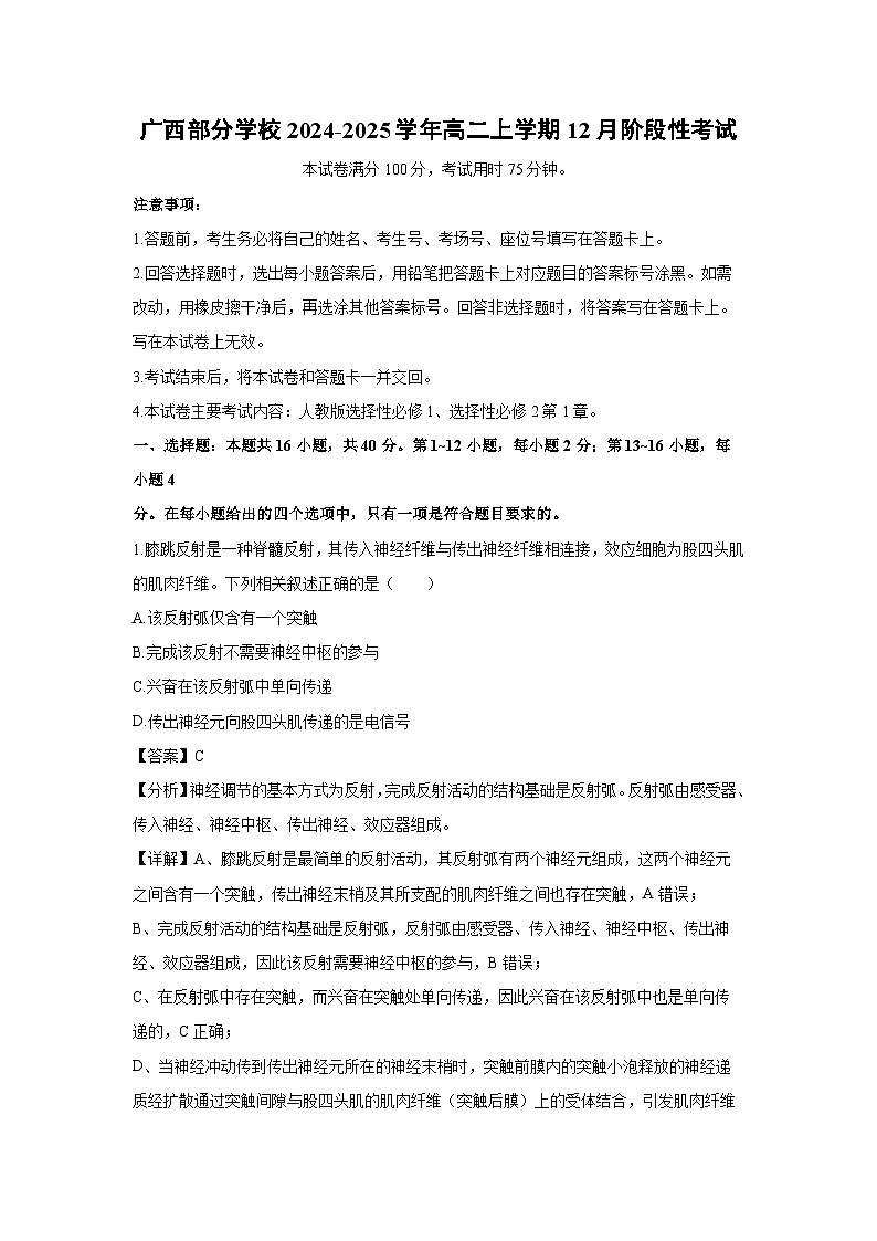 广西部分学校2024-2025学年高二上学期12月阶段性考试生物试题（解析版）第1页