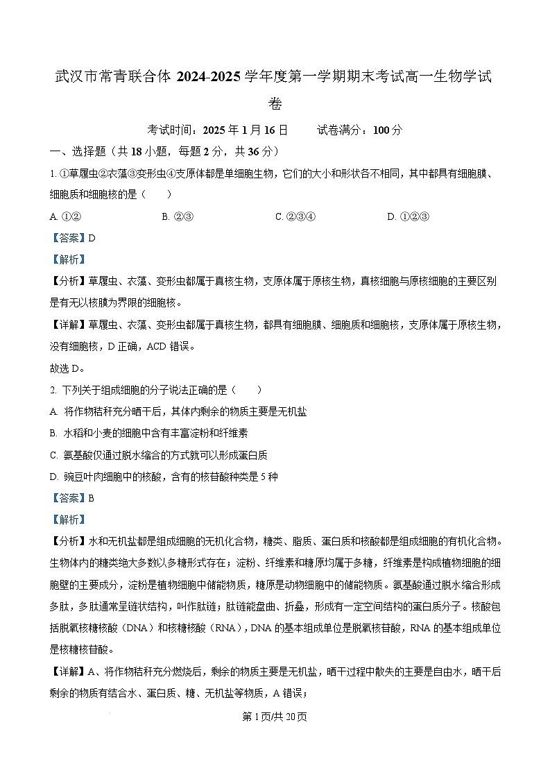 湖北省武汉市常青联合体2024-2025学年高一上学期期末考试生物试卷（Word版附解析）第1页