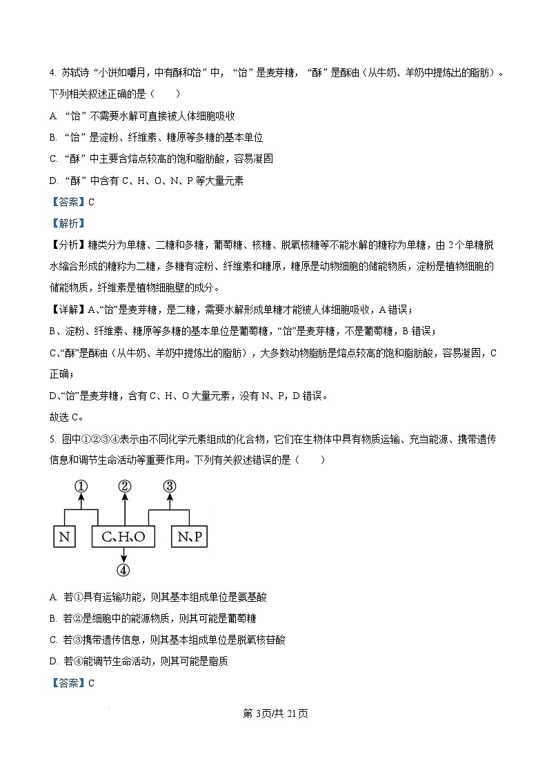 湖北省荆州中学2024-2025学年高一上学期期末考试生物试卷（Word版附解析）第3页