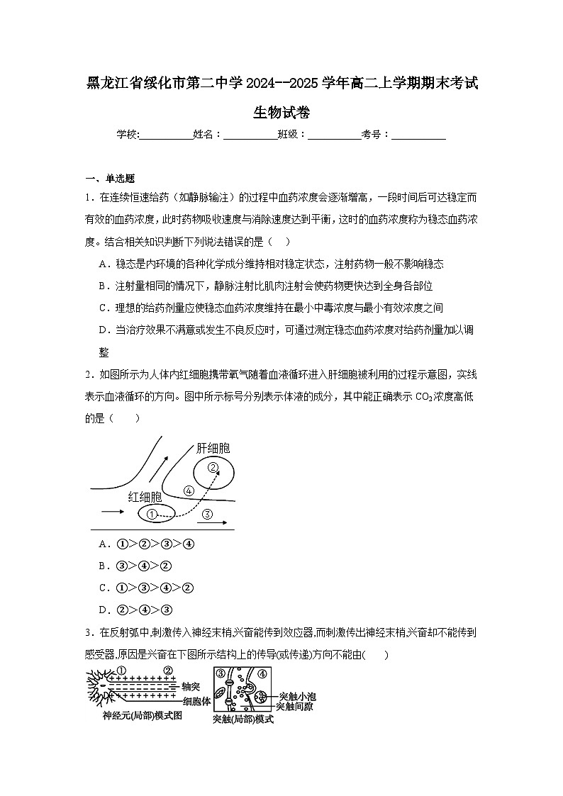 黑龙江省绥化市第二中学2024--2025学年高二上学期期末考试生物试卷第1页