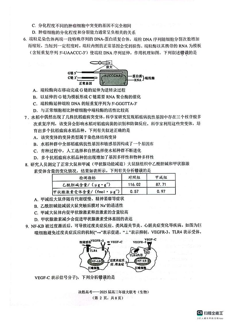 2025苏州九校高三下学期2月联考考试题生物PDF版无答案第2页