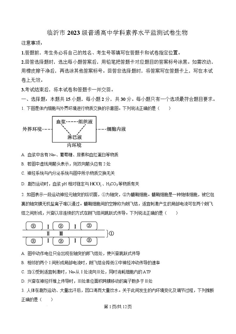 山东省临沂市2024-2025学年高二上学期1月期末生物试题 Word版无答案第1页