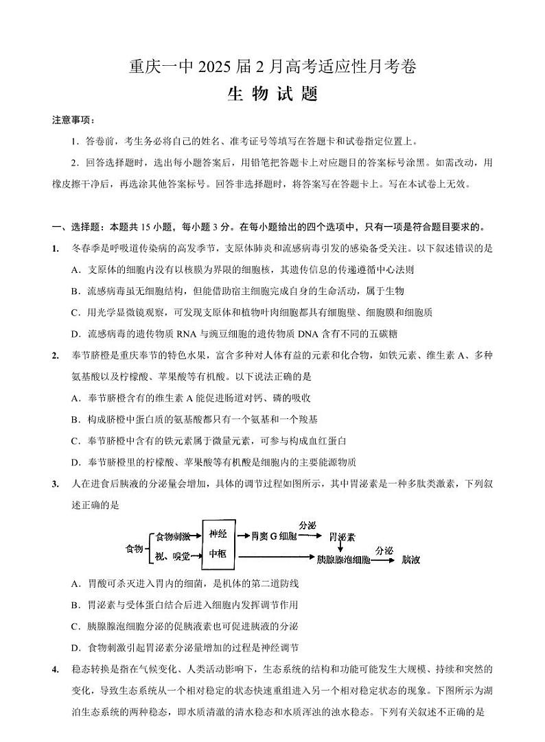 重庆市第一中学校2025届高三下学期2月开学考试生物+答案第1页