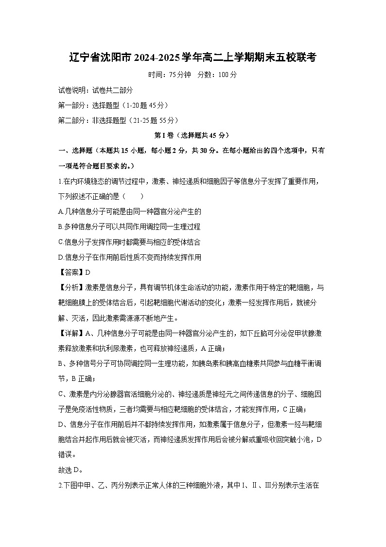 辽宁省沈阳市2024-2025学年高二(上)期末五校联考生物试卷（解析版）第1页