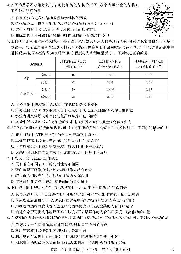 生物-九师联盟高一2024-2025下学期2月质量检测第2页