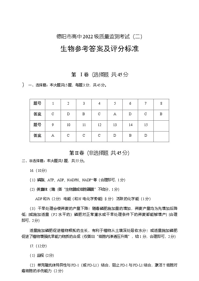 生物试卷答案            【四川卷】四川省德阳市高中2022级（2025届）高三质量监测考试（二）（德阳二诊）（2.21-2.23）第1页