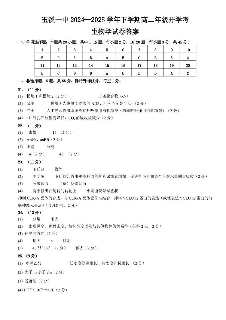 2026届下学期生物开学考答案第1页