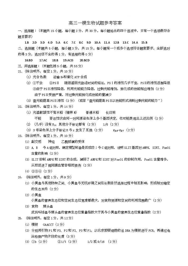 山东省菏泽市2025年高三一模考试生物 高三一模生物参考答案202502第1页