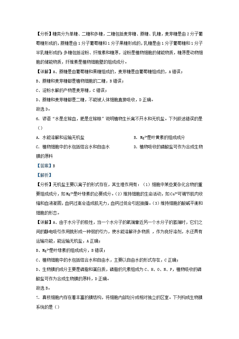 浙江省丽水市2023_2024学年高一生物上学期1月期末试题含解析第3页