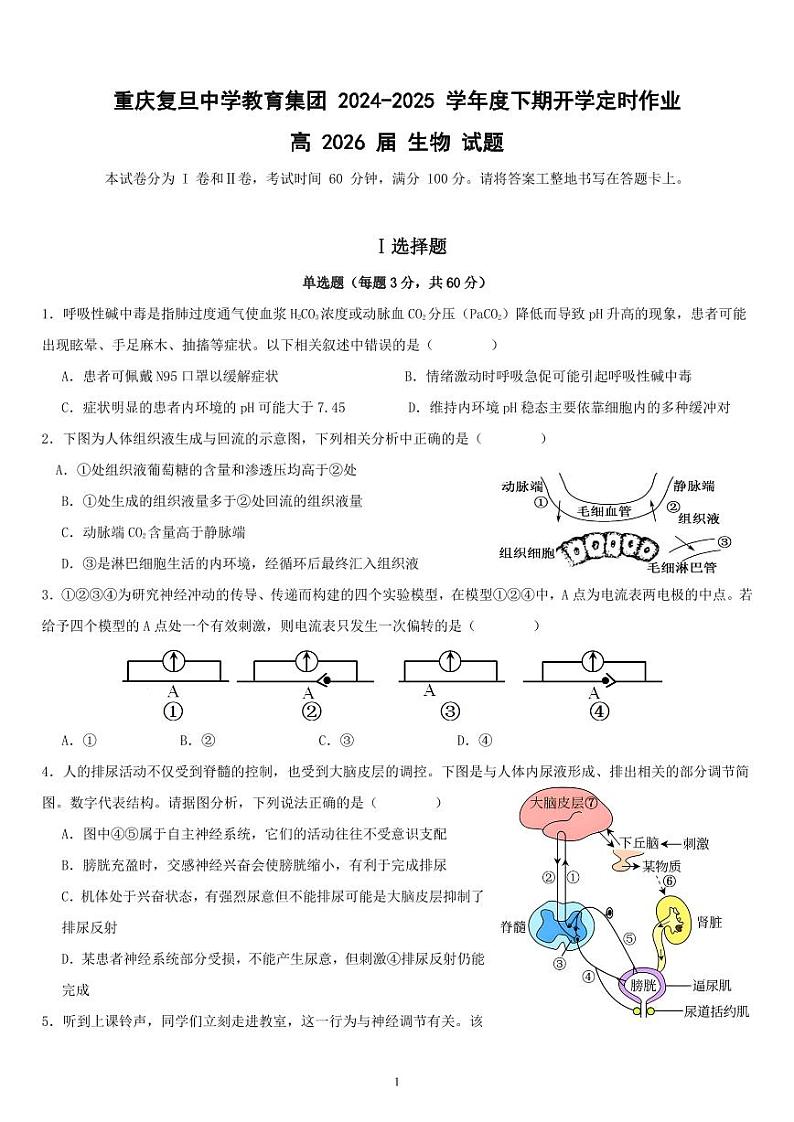 重庆市复旦中学2024-2025学年高二下学期开学定时作业生物试题第1页