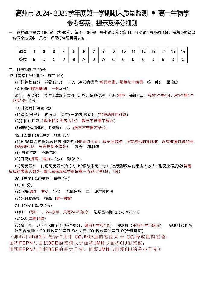 24－25上高一生物答案第1页