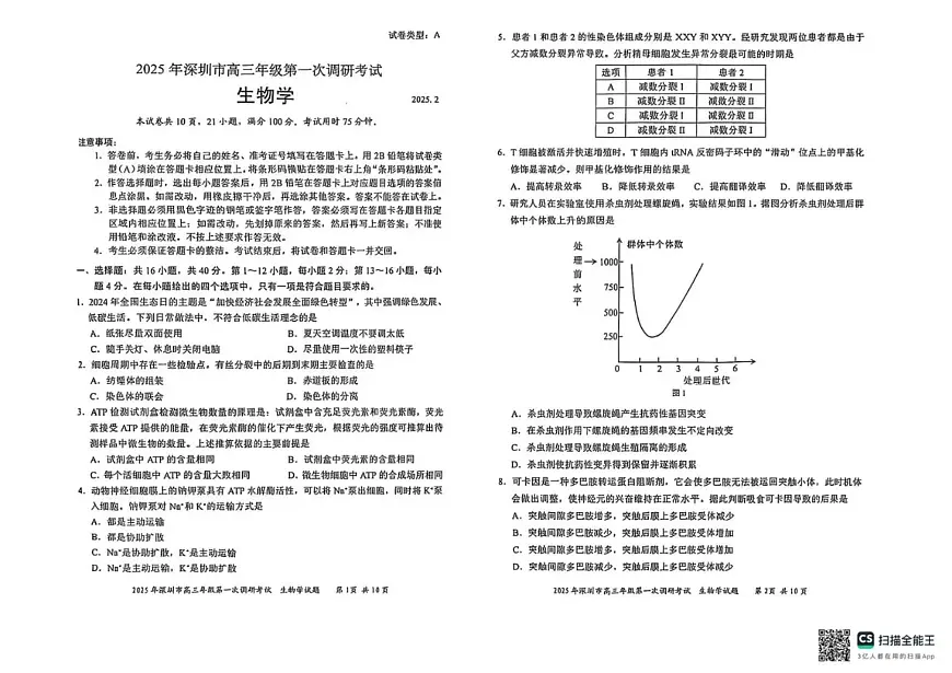 2025届广东省深圳市高三下学期第一次调研考试（一模）生物试卷第1页