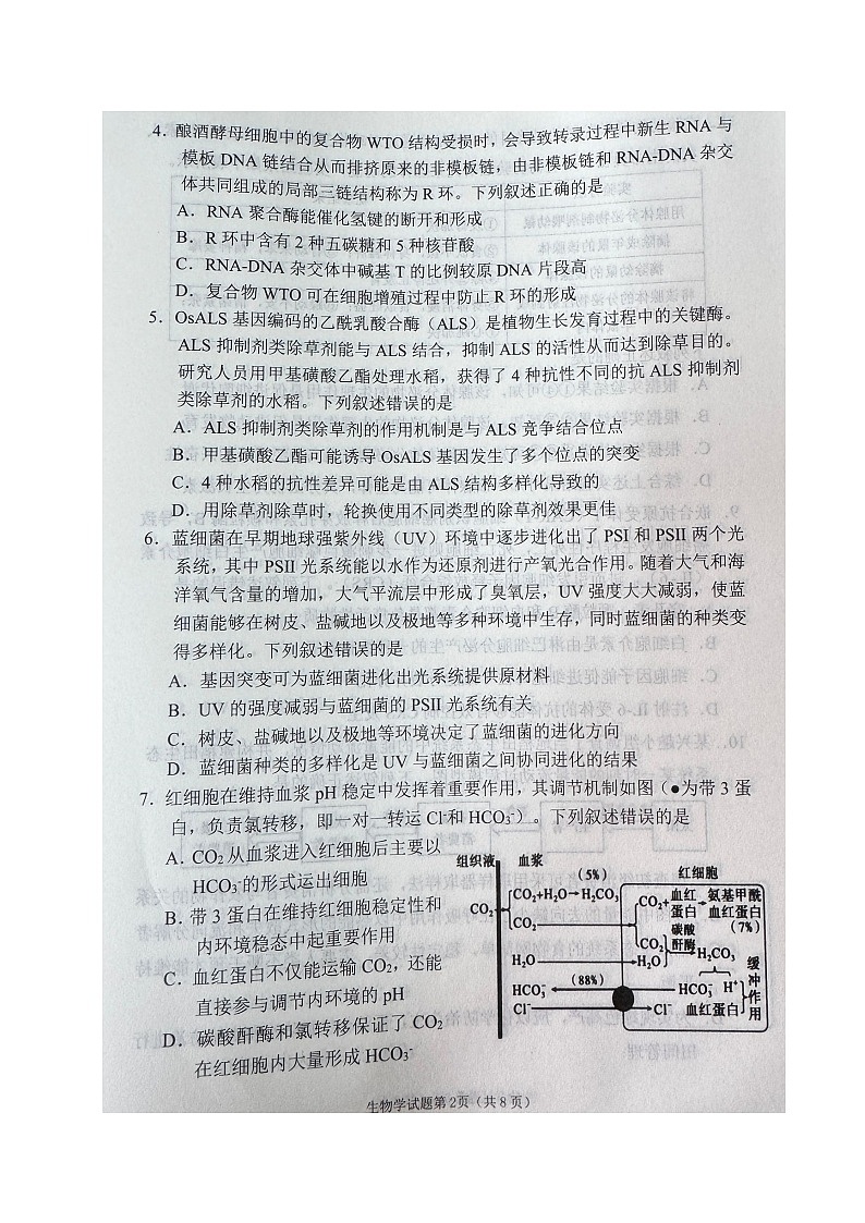2025届四川省南充市高三下学期适应性考试生物试题第2页