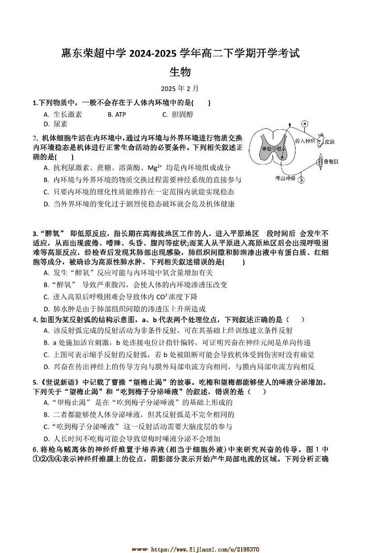 2024～2025学年广东省惠州市惠东县惠东荣超中学高二下开学考试生物试卷(含答案)第1页