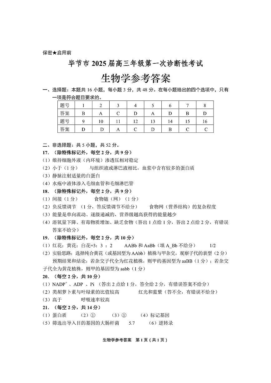 贵州省毕节市2025届高三上学期第一次诊断考试生物答案第1页