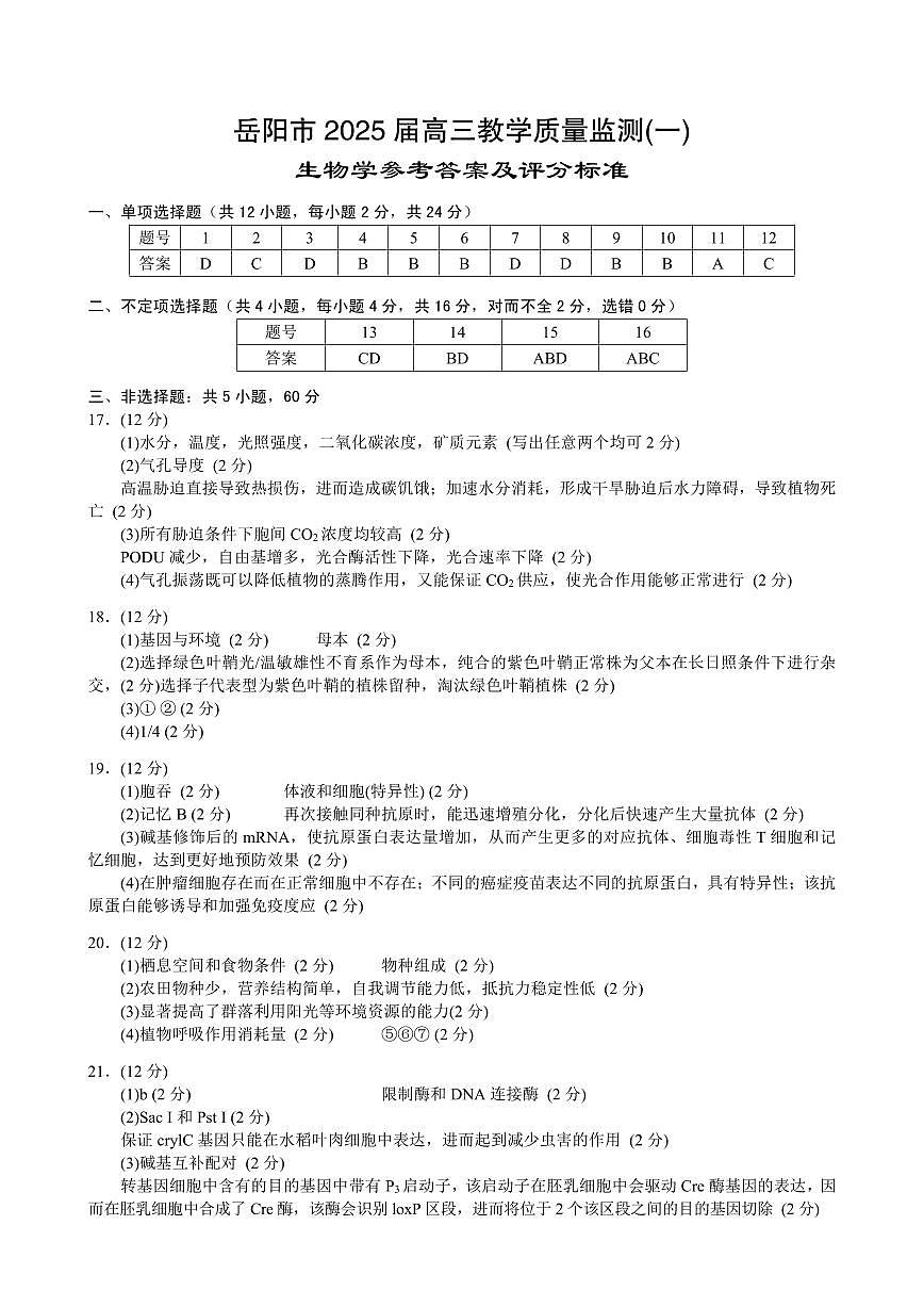 湖南省岳阳市2025届高三上学期教学质量监测（一）生物答案第1页