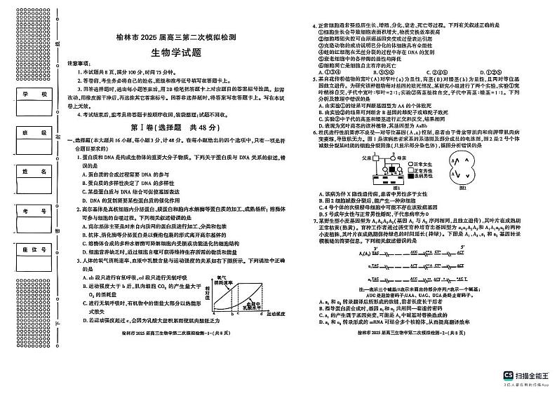 陕西省榆林市2025届高三上学期第二次模拟检测生物试题（含答案）第1页