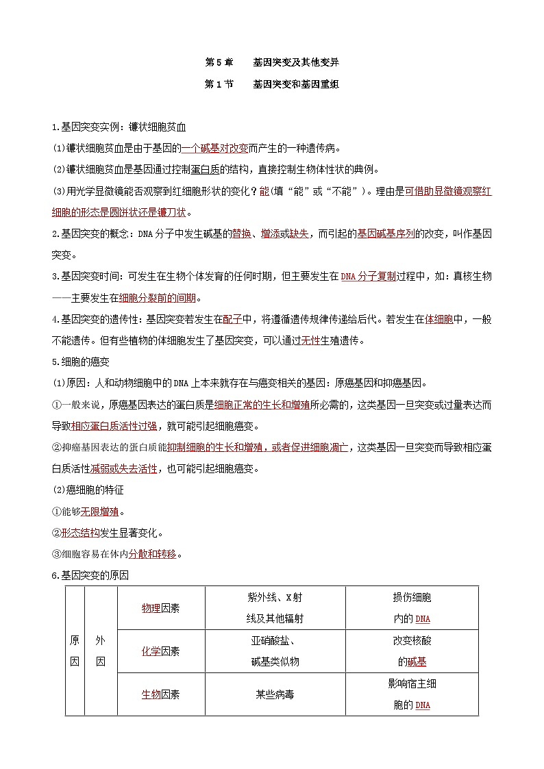 人教版高中生物必修二第5章《基因突变及其他变异》（单元知识清单）（背诵版）第1页