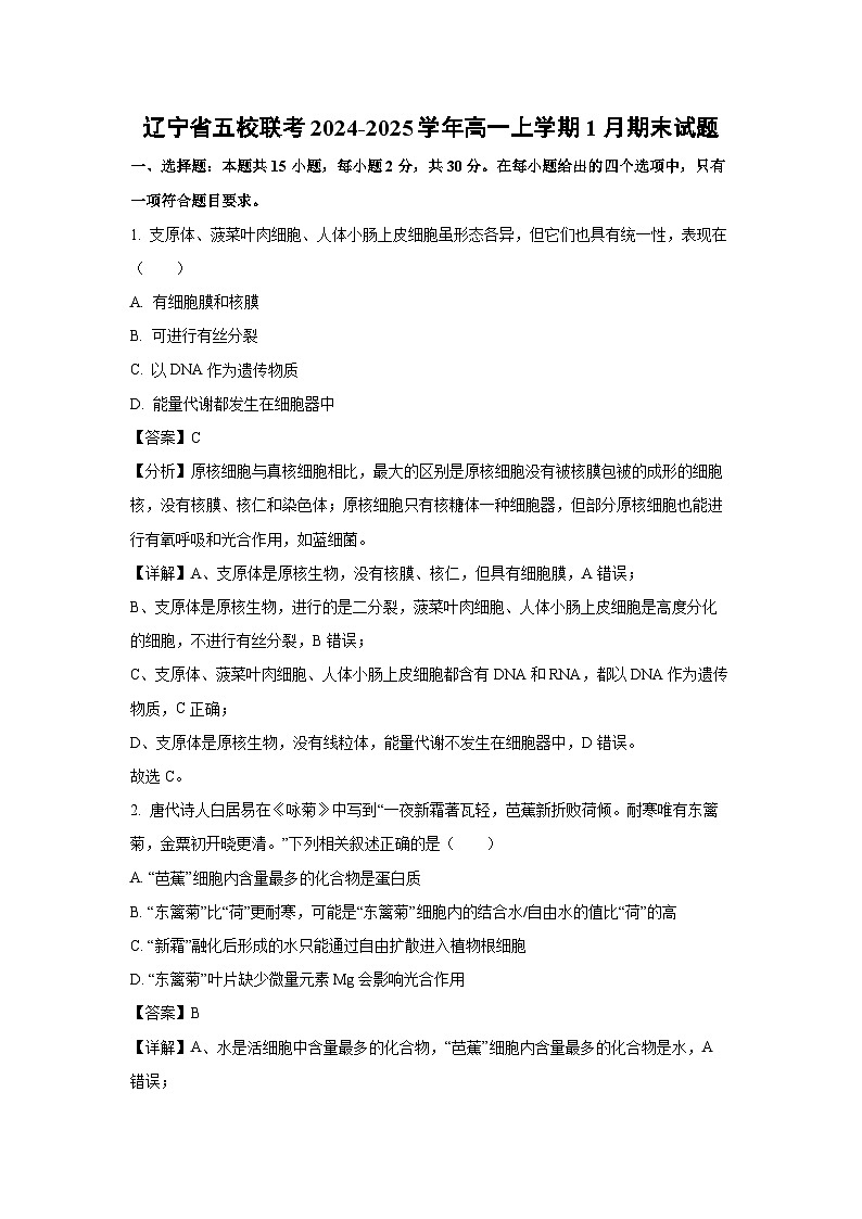 辽宁省五校联考2024-2025学年高一上学期1月期末生物试题（解析版）第1页