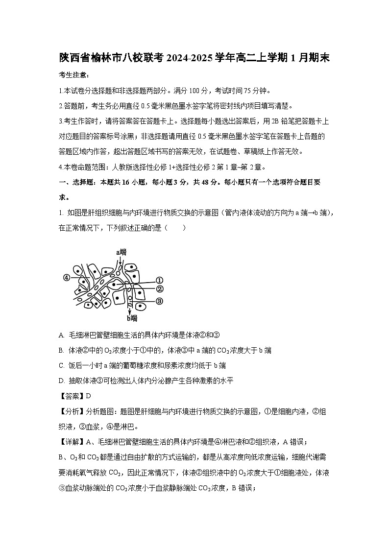 陕西省榆林市八校联考2024-2025学年高二上学期1月期末生物试题（解析版）第1页