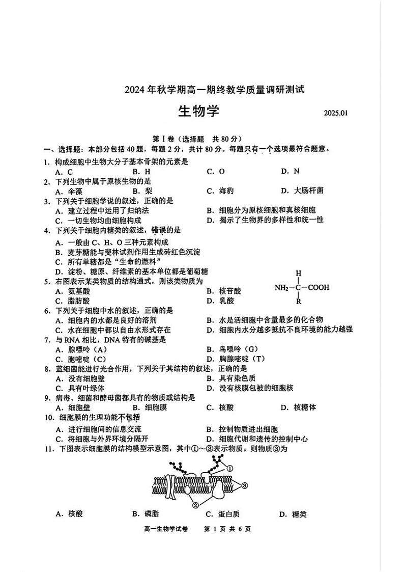 江苏省无锡市重点高中2024-2025学年高一上学期1月期末调研考试生物试题含答案第1页