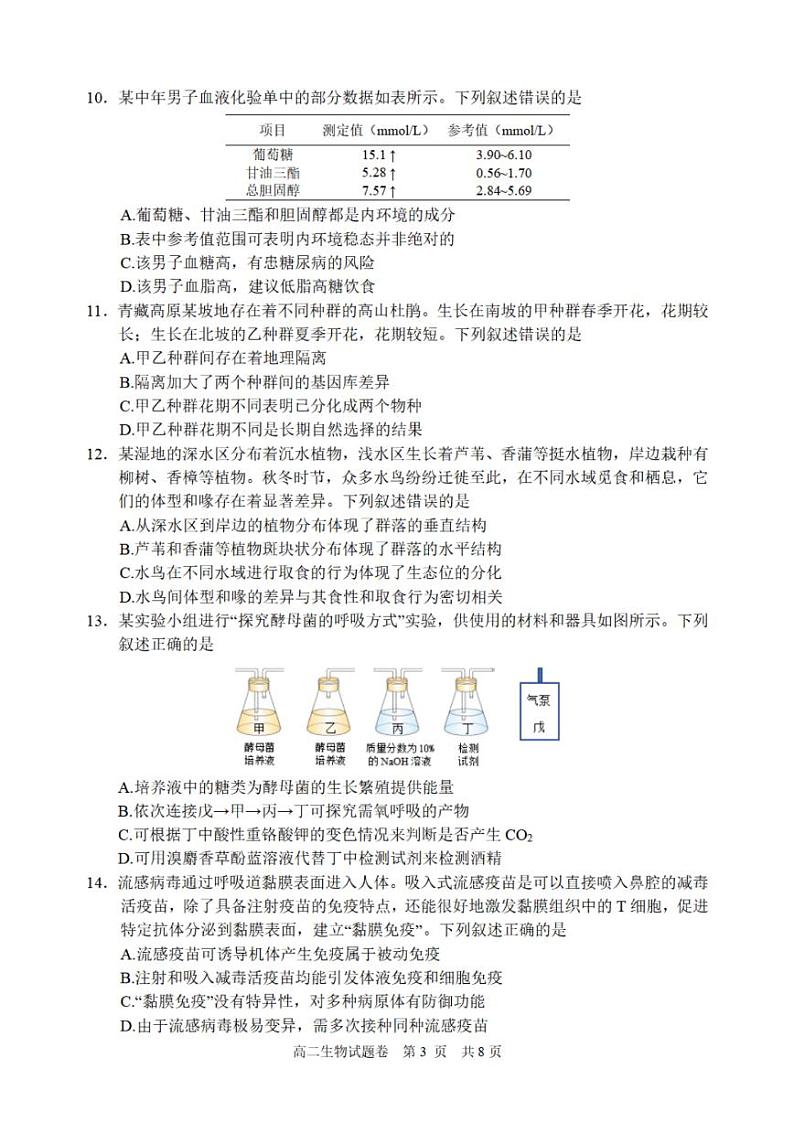 浙江省丽水市重点高中2024-2025学年高二上学期期末考试生物试题含答案第3页