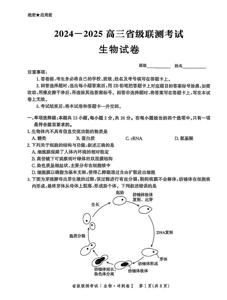 河北省2024-2025高三高考模拟省级联测考试生物+答案第1页