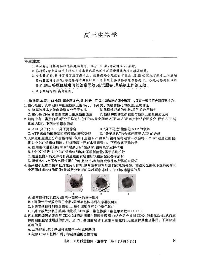 九师联盟2025届高三2月质量检测生物试题+答案第1页
