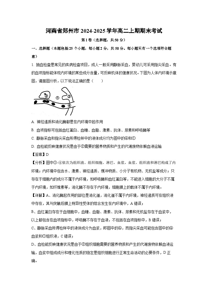 河南省郑州市2024-2025学年高二上期期末考试生物试卷（解析版）第1页