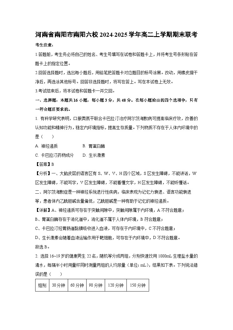 河南省南阳市南阳六校2024-2025学年高二(上)期末联考生物试卷（解析版）第1页