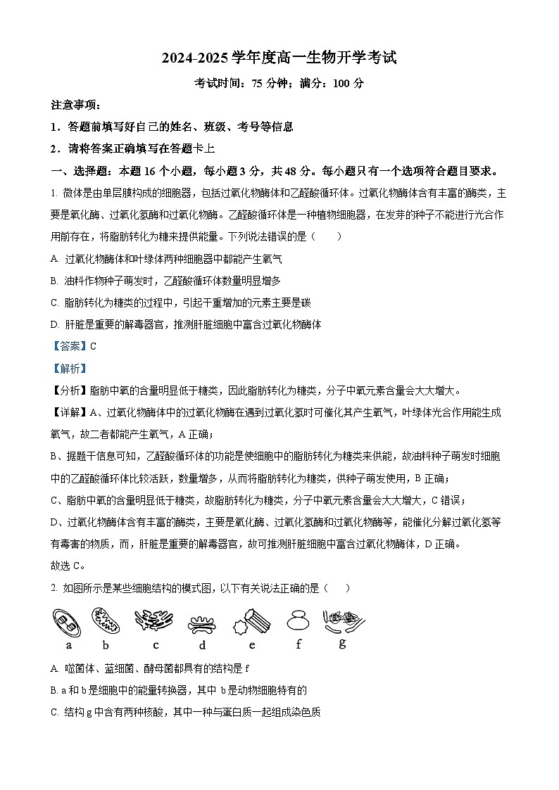 四川省荣县中学校2024-2025学年高一下学期开学考试生物试题（解析版）第1页