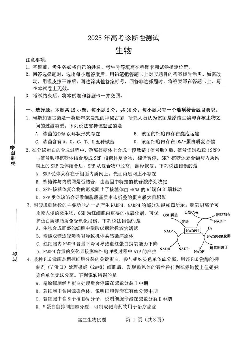 2025届山东省烟台市高三一模 烟台市+德州市+东营市高考诊断性测试 生物试题及答案第1页