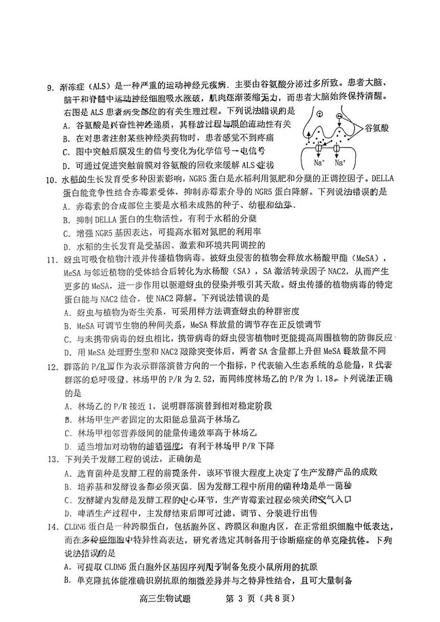 2025届山东省烟台市高三一模 烟台市+德州市+东营市高考诊断性测试 生物试题及答案第3页