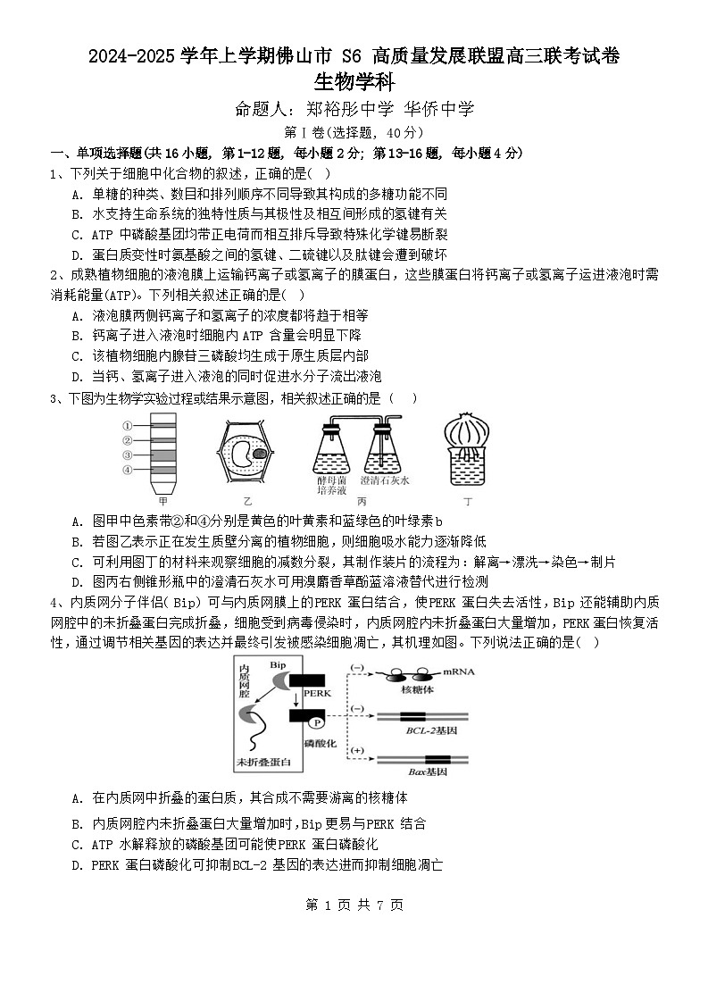 广东省佛山市2024-2025学年高三上学期9月联考生物试题+第1页