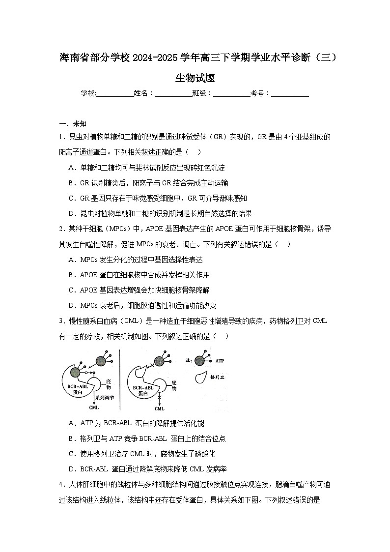 海南省部分学校2024-2025学年高三下学期学业水平诊断（三）生物试题第1页