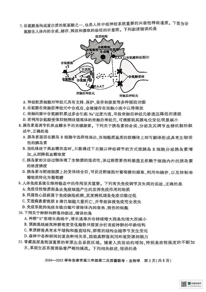 陕西省安康市2025届高三下学期高考第二次质量联考（二模）生物试题（含答案)第3页