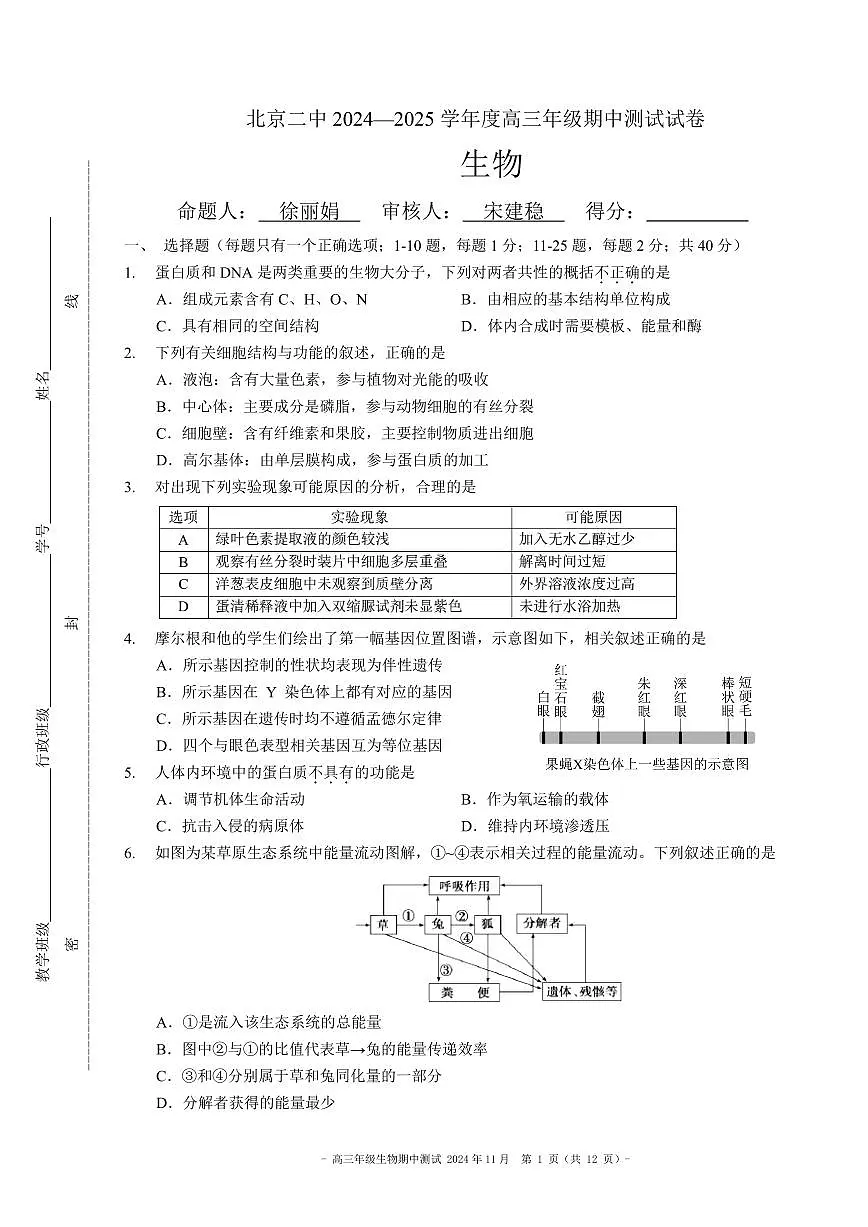 2024北京二中高三（上）期中生物试卷（有答案）第1页