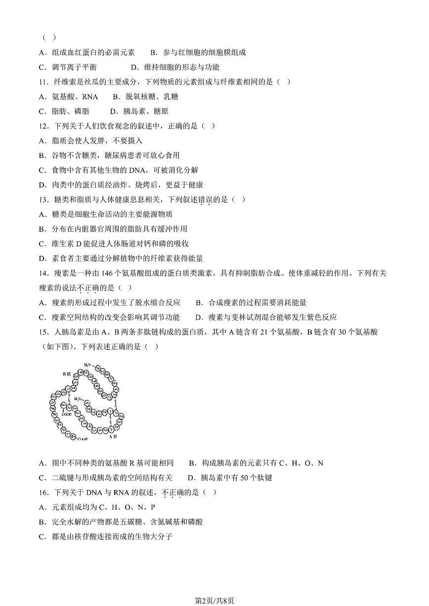 2024北京五十五中高一（上）期中生物试卷（无答案）第2页