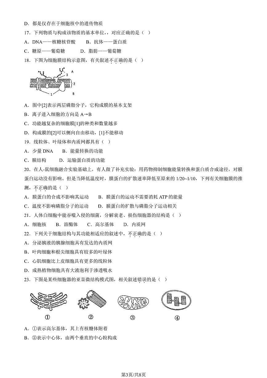 2024北京五十五中高一（上）期中生物试卷（无答案）第3页