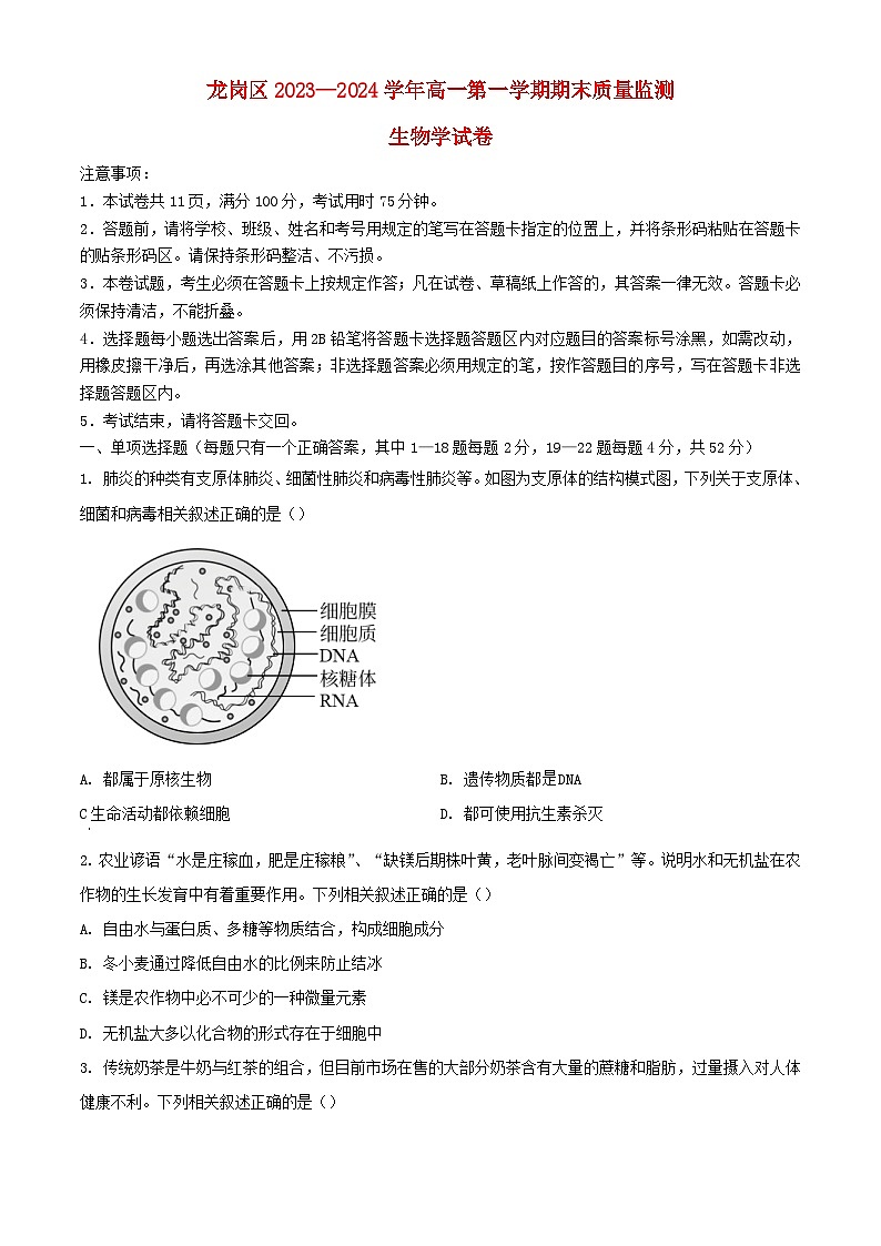 广东省深圳市龙岗区2023_2024学年高一生物上学期1月期末考试含解析第1页