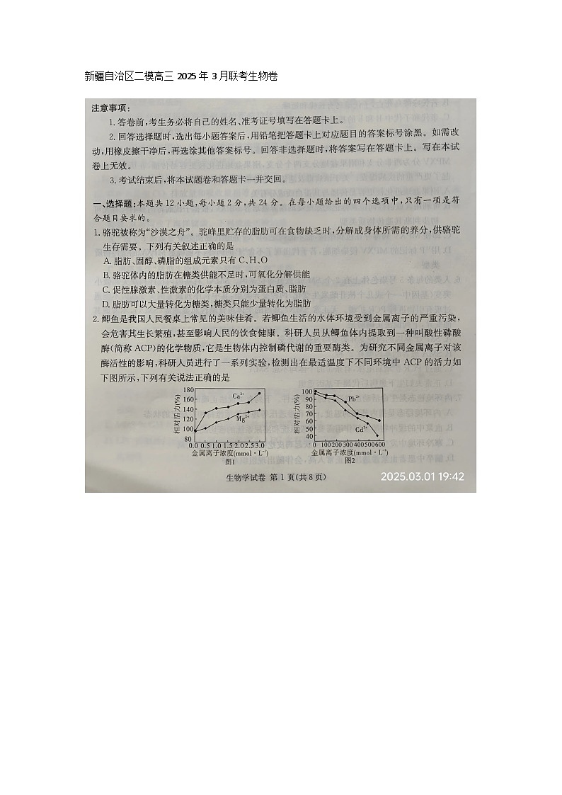 2024-2025学年下学期新疆自治区二模高三2025年3月联考生物卷第1页