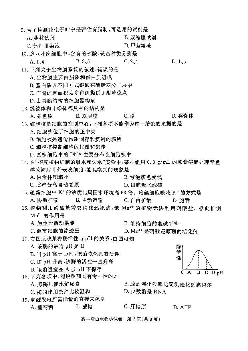 2025唐山高一上学期期末考试生物PDF版无答案第2页