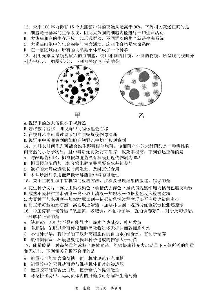 2024北京丰台高一（上）期中生物（A卷）试卷（有答案）第2页