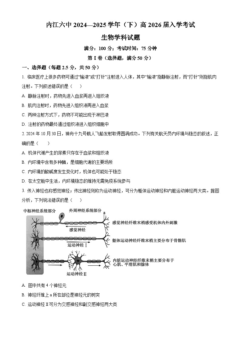 四川省内江市第六中学024-2025学年高二下学期入学考试生物试题（原卷版+解析版）第1页