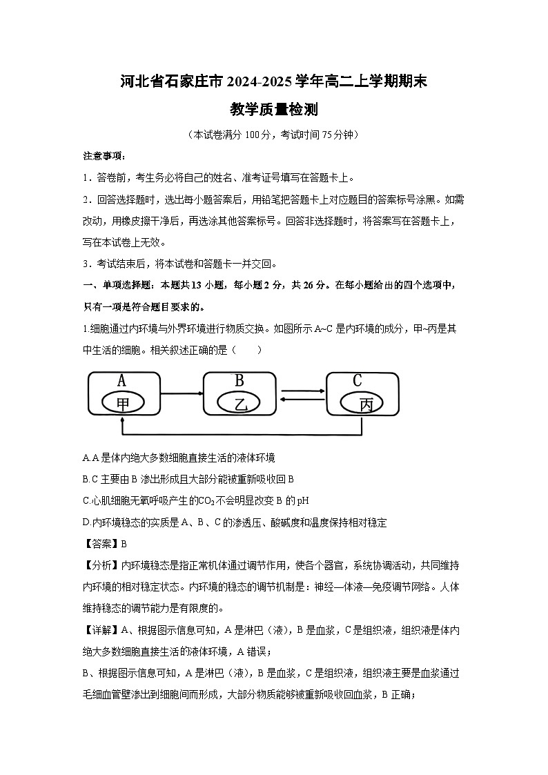2024-2025学年河北省石家庄市高二上学期期末教学质量检测生物试卷（解析版）第1页
