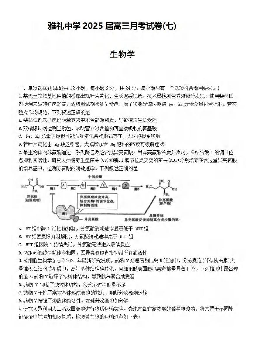 生物丨湖南省长沙市雅礼中学2025届高三下学期3月月考试卷（七）生物试卷及答案第1页